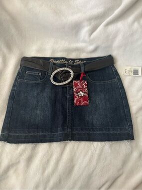 Vanilla Star Dark Blue Denim Mini Skirt with Black Belt & Oval Rhinestone Buckle